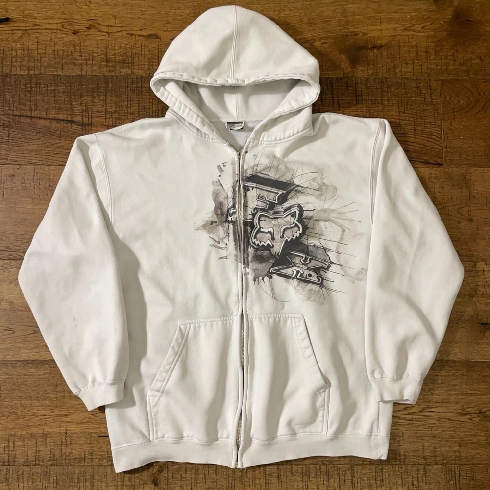Fox Racing Zip Up Hoodie Mens Size M White Y2K Skater Grunge Motocross Graphic